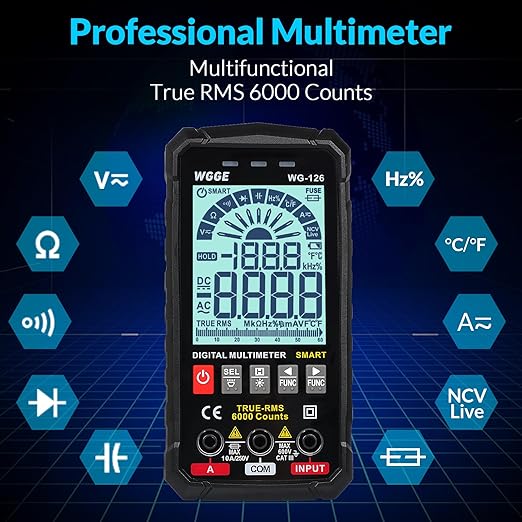 WGGE Digital Multimeter Voltmeter Smart Electrical Tester Measures Voltage Current Resistance Continuity Duty-Cycle Capacitance Temperature Frequency Auto Ranging 6000 Counts TRMS