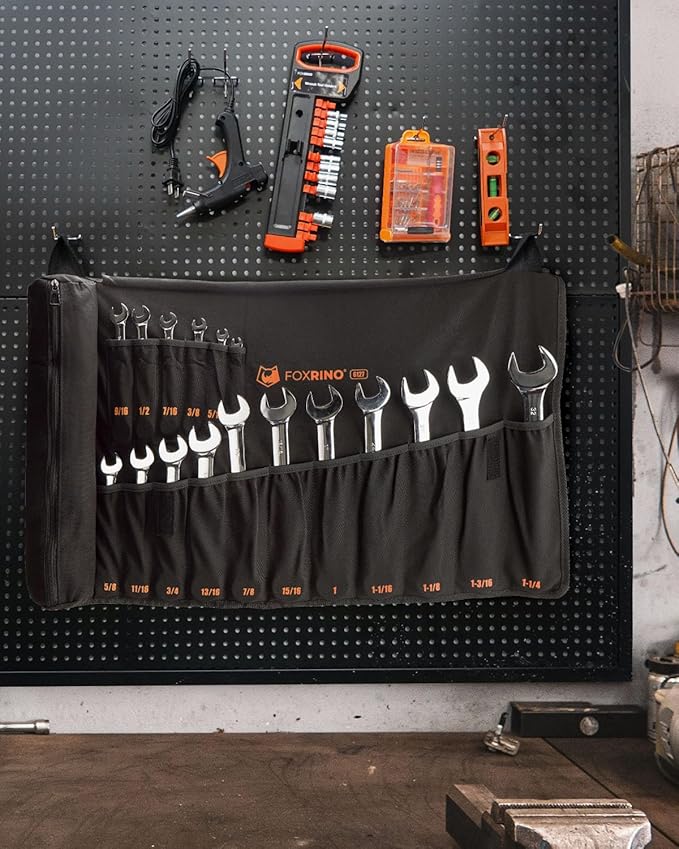 Wrench Roll, Wrench Roll Up Pouch, 17-Pocket Heavy Duty Canvas Wrench Organizer Bag for SAE Combination Wrenches, Portable Tool Roll Bag, Gifts for Men for Christmas (Black, 17+1 SAE)