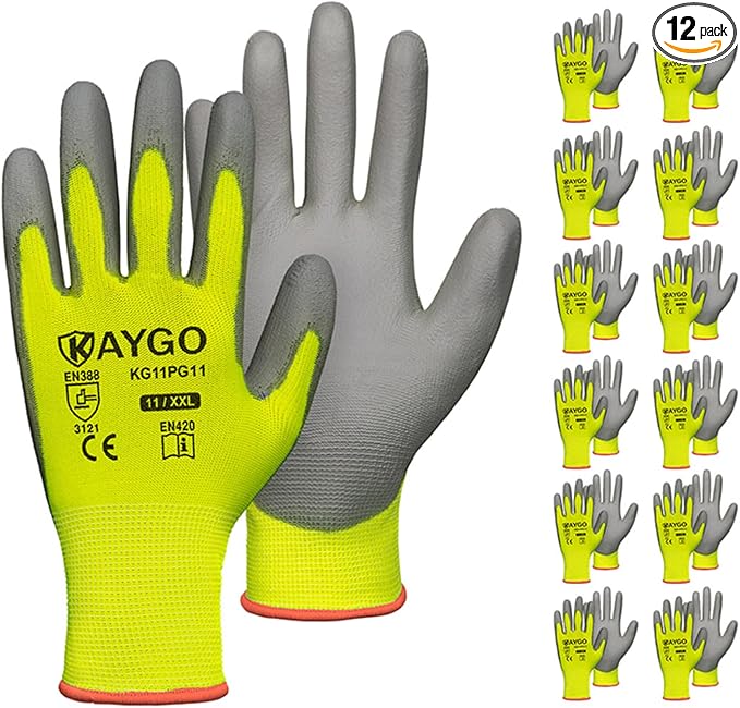 KAYGO Work Gloves for Men and Women,12 Pairs Seamless Knit PU Coated Safety Gloves, with Smooth Grip on Palm and Fingers, Ideal for Light Warehouse, Manufacturing, Gardening, KG11P (2XL,Green)