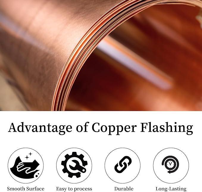 GOORY Copper Flashing 28 Gauge - 6in x 20ft 0.013"(0.32mm) Thickness Roof Flashing Roll - 99.95+% Pure Copper Sheet Metal ASTM B152 - Roofing Repair DIY Project Contractor Jewelry Crafts