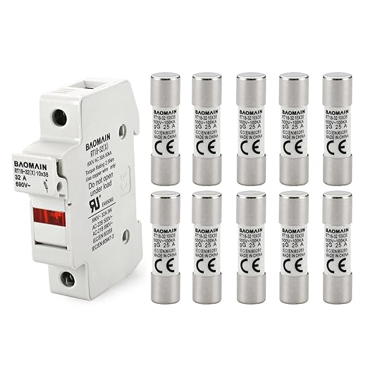 Baomain RT18-32 Fuse Holder Base with 10x25A Ceramic Fuses (10x38mm) – 1 Pole DIN Rail Mount, LED Indicator, CE Certified (25 Amp)