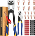 haisstronica Heavy Duty Battery Cable Crimping Tool Kit-Ratchet Hex Extended Handle Crimper for 8,6,4,2,1,1/0 AWG Copper Lugs with Cable Cutter, 32PCS Copper Lugs&Heat Shrink Tubing