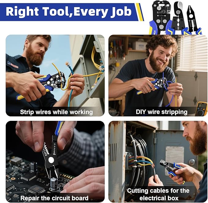 haisstronica Wire Stripper Tools Set for Professional Electrician,10-24AWG,3 Pack Self-Adjusting Wire Stripper & Flush Cutter & Cable Cutters for Wire Stripping, Cutting, Crimping, Cable Skinning