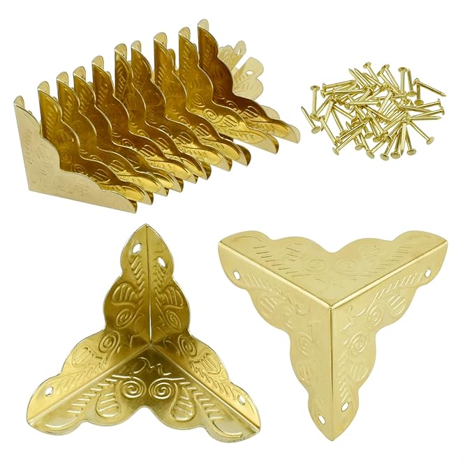 SDTC Tech 12 Pack Furniture Corner Protector 1" x 1" Antique Gold Triangle Edge Decorative Metal Corner Guard for Storage Box Jewelry Case Cabinet Coffee Table Wooden Chest etc.