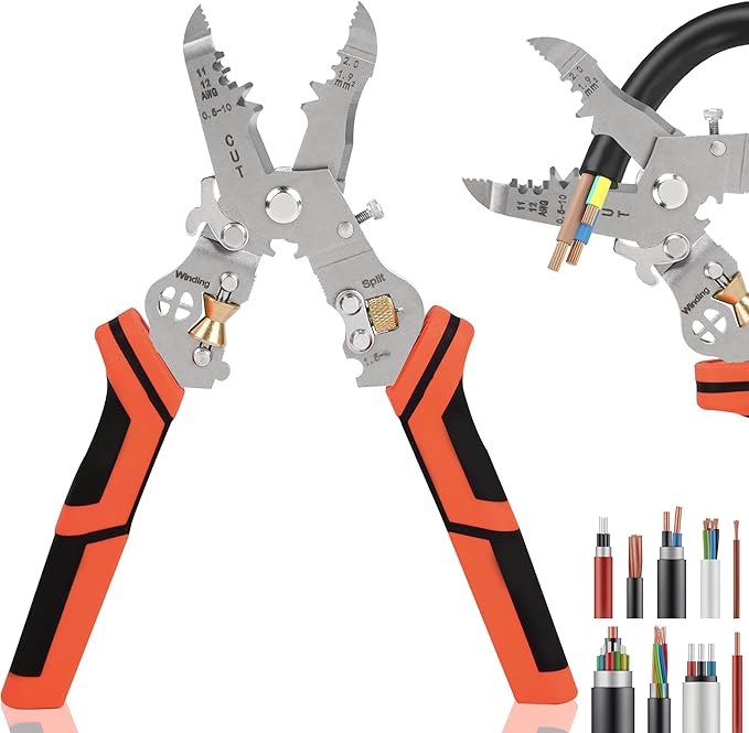 Wire Stripper Cutter Crimping Tool - 9 in 1 Wire Stripper Tool with Cutter Crimper Function AWG 22-10 Wire Cutters Pliers for Wire Splitting,Stripping,Cutting,Crimping, Clamping,Winding,Sharpening