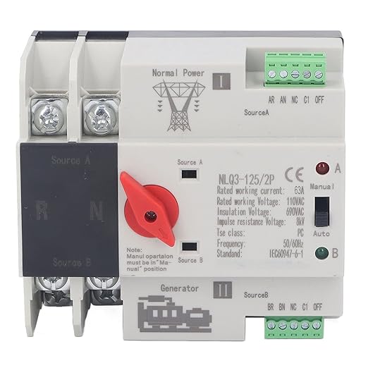 Power Automatic Transfer Switch - 2P Generator Transfer Changeover Switch AC110V, 50Hz 60Hz, 63A for Continuous Power Supply
