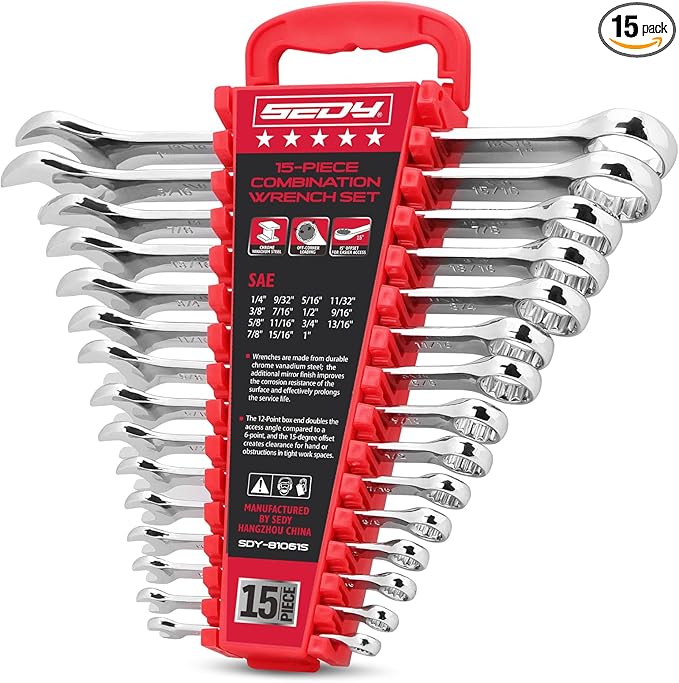 15-Piece SAE Combination Wrench Set, 1/4''–1'' 12-Point Open End and Box End Wrench Kit with Organizer, Chrome Vanadium Steel Tools for Mechanics, Garages and Workshops