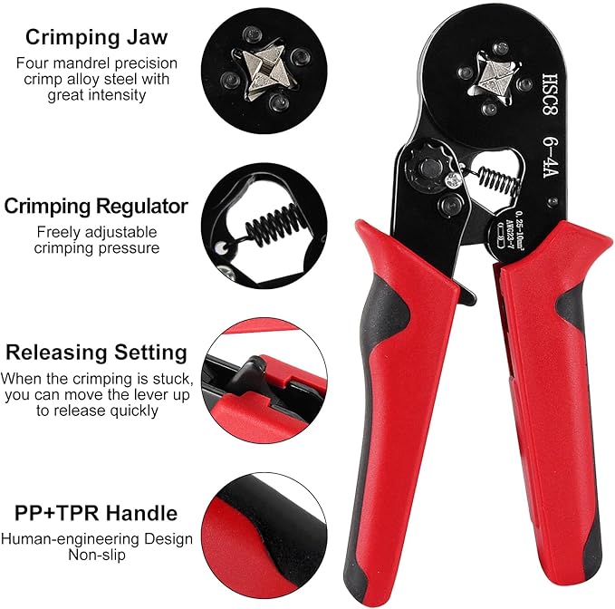 Ferrule Crimping Tool Kit, Crimper Plier with 1250PCS Wire Ferrules Kit Wire End Terminals, Self-adjustable Ratchet Tool Set for AWG 23-7 Cable connectors, 0.25-10mm² (HSC8 6-4A + 1250)