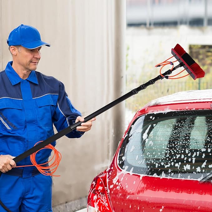 Water Fed Brush, 24FT Poles Solar Panels Window Cleaning Brush Telescopic Pole with 8.2m Water Supply Hose Washing Tool&Brass Connector Switch& 3 Three-Way Split Joints