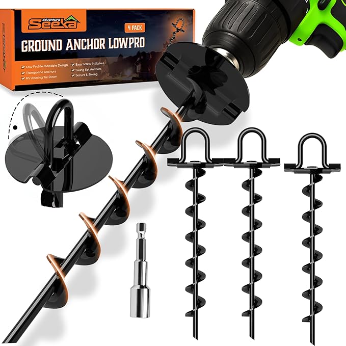 Mow Over Ground Anchor Stakes (Ground Anchors Low Profile, 4 Pack Heavy Duty, Ground Anchors Screw in, Swing Set Anchors, Trampoline Anchors High Wind, Tent Stakes, Car Ports, Canopies.)