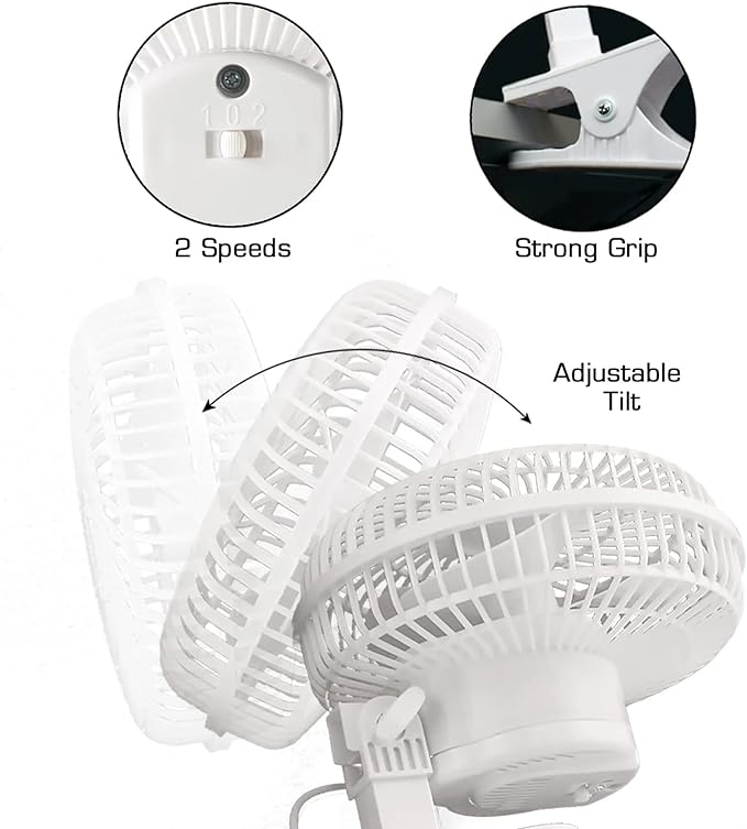 Hurricane 2-Pack Classic Clip-On Table Fan with 2 Quiet Speeds, White, 6" - Portable Corded Electric Air Cooling Unit with 306 CFM and Adjustable Tilt for Desk, Shelf, Home, Office or Dorm Use