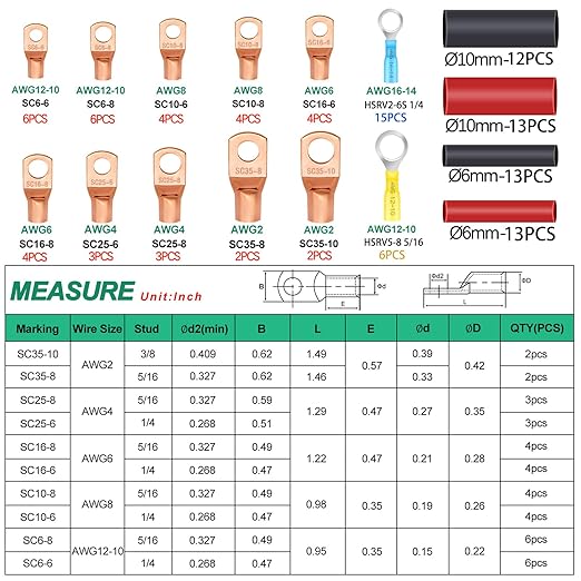 Twidec/110PCS Battery Cable Ends AWG 2 4 6 8 10 12 14 16 Gauge Copper Cable Wire Lugs,Ring Terminals Connectors,Copper Ring Terminals with Heat Shrink N-067-110PCS