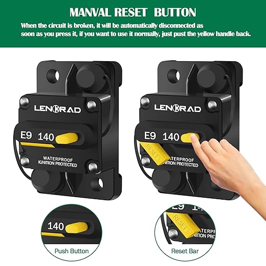 LENKRAD 140amp Marine Circuit Breaker Resettable 140A with Manual Reset Switch Button for Boat Trolling RV Yacht, 12V - 48V DC, Waterproof, Surface Mount(140 Amp Boat Circuit Breaker)