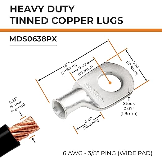 SELTERM 10pcs 6 AWG-3/8" Stud (Wide Pad) Tinned Copper Wire Lugs,Heavy Duty Battery Cable Ends,6 Gauge Ring Terminals,UL Battery Lugs Marine Grade Copper Eyelets Electrical Battery Terminal Connectors