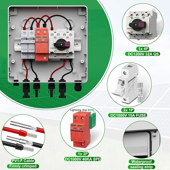 IP65 Solar PV Combiner Box DC1000V 32A Circuit Breaker with Surge Protector and 15A PV Fuses, 1in 1out Disconnect Switch Outdoor Waterproof for Solar Panels System