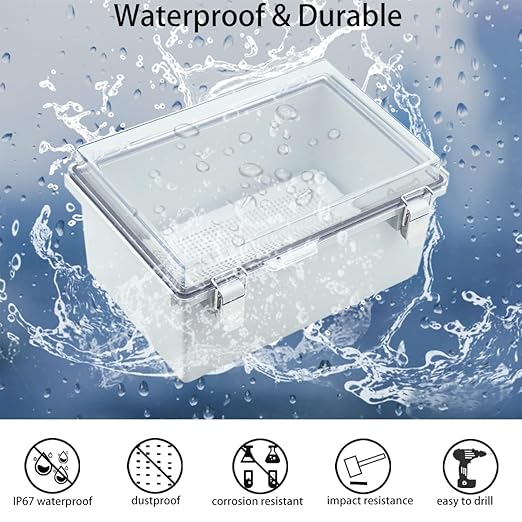 Junction Box, Hinged Clear Cover Stainless Steel Latch IP67 Waterproof ABS Project Box with 2 Cable Glands,Electrical Box Enclosure with Mounting Plate & Wall Bracket 11x7.5x5.5inch