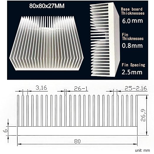 80mm Aluminum Heat Sink 80x80x27mm /3.15"x3.15"x1.06" Large Heatsink Sync Circuit Board Cooler 26 Fins for Routers PCHs ICS Amplifiers Transistors Voltage Regulators DIY Electronics Cooling
