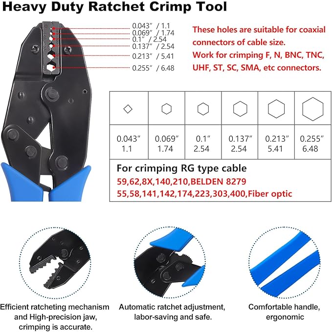 mxuteuk Coaxial Cable Tool Kit,BNC Crimp Tool with 8PCS BNC/UHF Crimp Male Connectors 1PCS Coaxial Cable Stripper 1PCS Wire Cutter for RG58, RG59, RG62, RG174