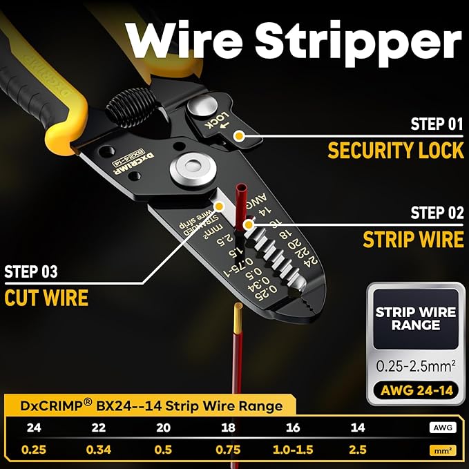 Crimping Tool Kit, 21-Type Open Spade & Quick-Disconnect Connector Set (2.8/3.9/4.8/6.3 mm) Non-Insulated Terminals with Wire Stripper, 24–14 AWG Ratcheting Crimper, for Auto, Appliance, DIY