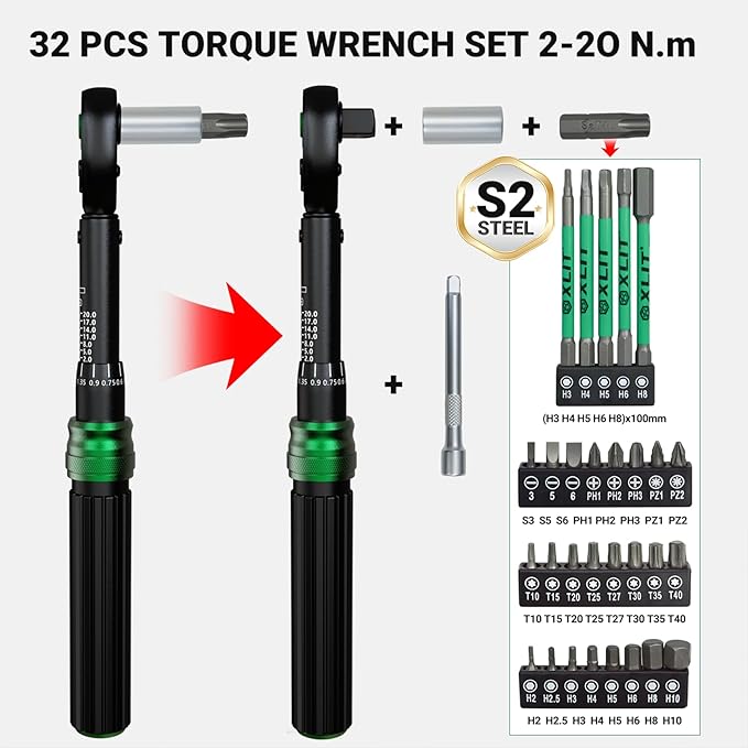 1/4" Click Torque Wrench Set, 32-Piece Portable Bicycle Maintenance Tool Kit, 2-20 Nm ±3% Precision, S2 Torx & Hex Bits, Torque Wrench for Road/Mountain Bike (MTB) & Cycling Repair