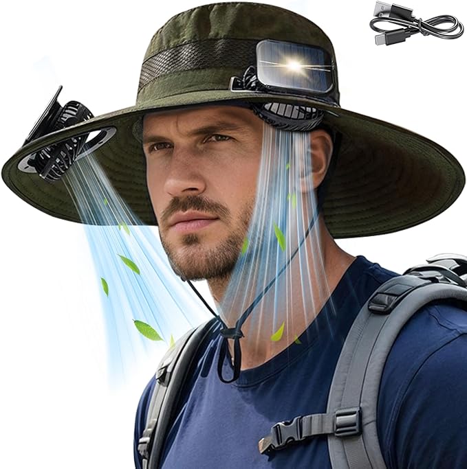 Solar Fan Hat for Men Women, Wide Brim UPF50+ Sun Hat with 2 Removable Fan 3-Speed Wind Solar&USB Charging