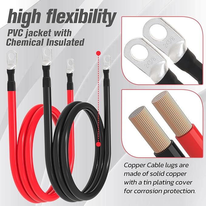 2 AWG Battery Cable 2AWG Gauge Battery Inverter Cables for Automotive Solar Marine Boat RV Car Motorcycle (2 AWG, 5FT, 3/8")