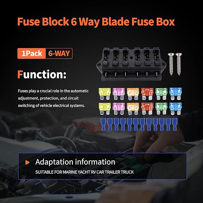 HiSport Fuse Block 6 Way Blade Fuse Box 12V 24V Waterproof Fuse Holder with Negative Bus ATC/ATO Suitable for Marine Yacht RV Car Trailer Truck