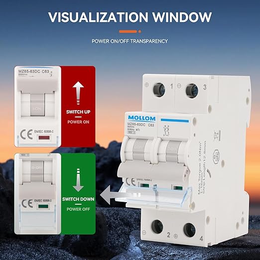 MOLLOM DC 2 Pole Miniature Circuit Breaker, 500V 40Amps, C40 Scene Visualization Custom MCB Thermal Magnetic Trip, 6KA Breaking Capacity DC Disconnect Switch for Solar PV System