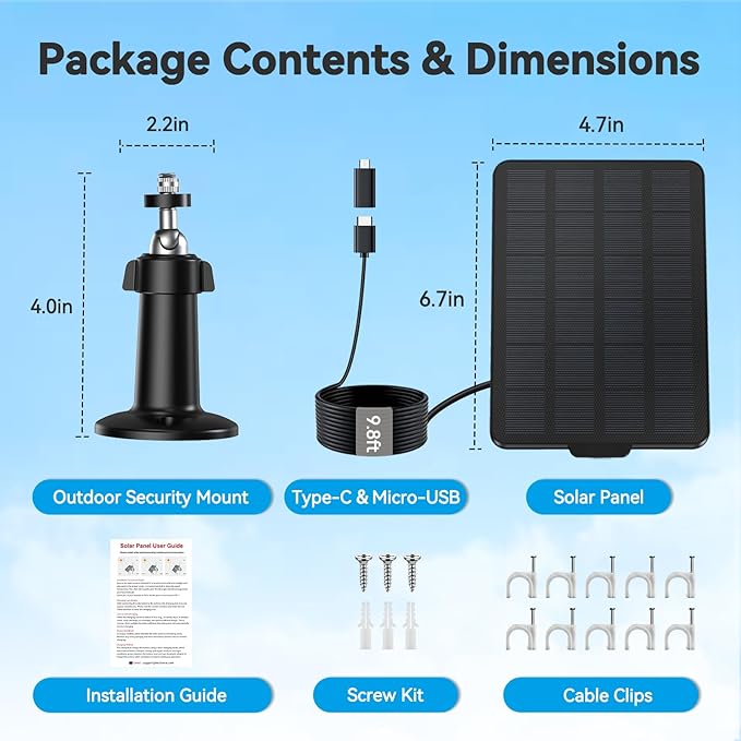 3W Solar Panel for Battery-Powered Security Cameras,USB-C & Micro USB Solar Charger for Wireless Outdoor Cameras,IP65 Waterproof, 9.8ft Cable, 360° Adjustable Mount (Black, 1 Pack)