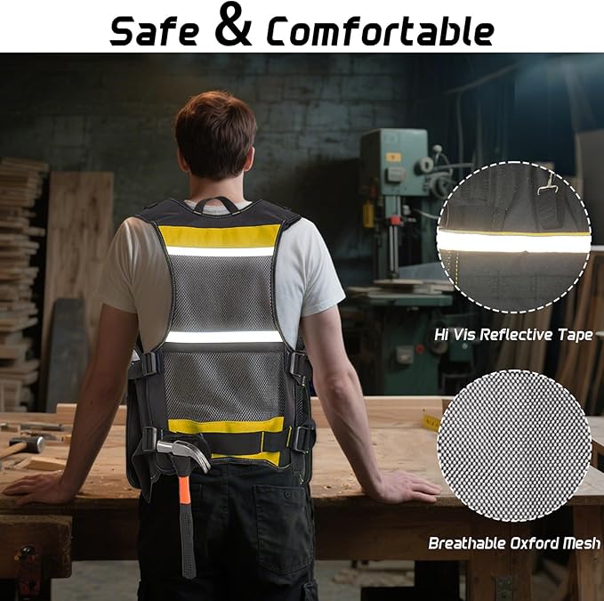 Electrician Tool Vest for Men, Reflective Safety Work Vest with Adjustable Thick Straps, Removable Phone Holder for Electrical, Carpenters, Construction, 22 Pockets
