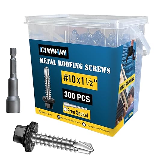 300Pcs #10 x 1-1/2 Inch Metal Roofing Screws, Black Hex Head Drill Point Sheet Metal Roof Screw with Rubber Washer, EPDM Washer, with Hex Drive Bit.