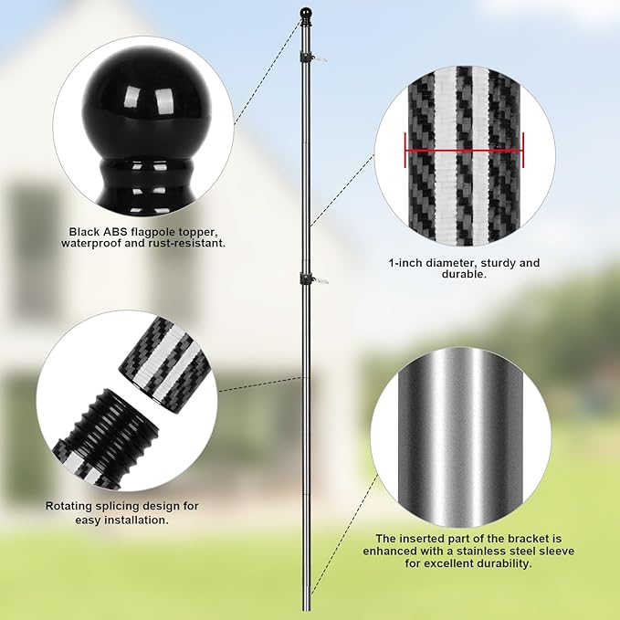 6FT Carbon Fiber Flag Pole, Flagpole for Outside House, Porch Flagpoles, Tangle Free Black Flag Pole Kit, Wind-Resistant, Bend-Resistant, Rust-Free (Includes Bracket, 3K Carbon Fiber)
