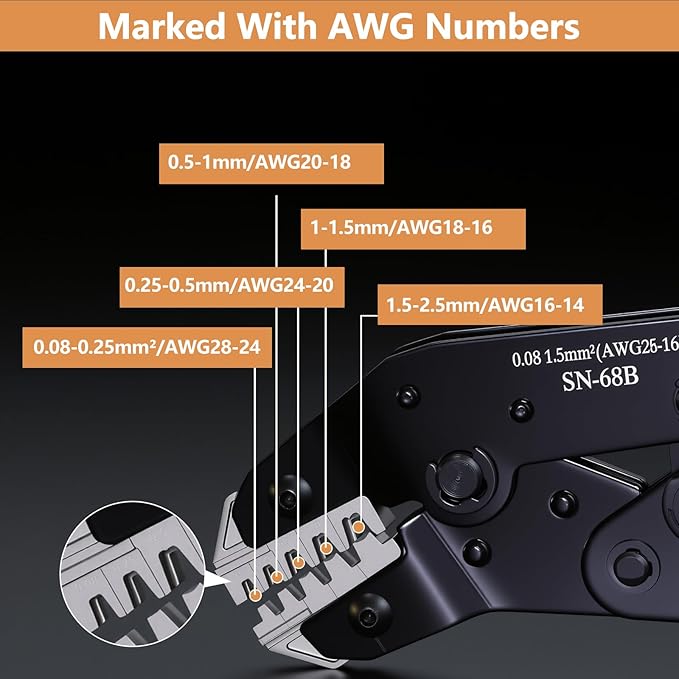 6 in 1 Wire Crimping Tool, Amliber AWG 28-16 Wire Crimper for Non-Insulated Open Barrel Terminal Connectors, Electrical Crimping Pliers for Molex Dupont JST Deutsch DELPHI AMP TYCO TE Terminals
