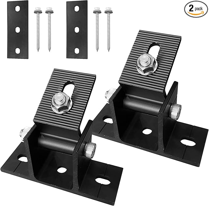 2 Pack Adjustable Solar Panel Tilt Mount Bracket Base, Tilt Angle 10-60 Flat Roof Mount Holder, RV Solar Panel Mounts Clamp