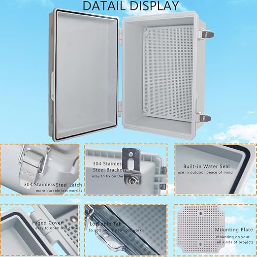 Waterproof Junction Box, ABS Plastic Electrical Box with Stainless Steel Latch, Hinged Cover Electric Project Enclosure Box with Mounting Plate, Wall Brackets 13.8"x9.8"x5.9"