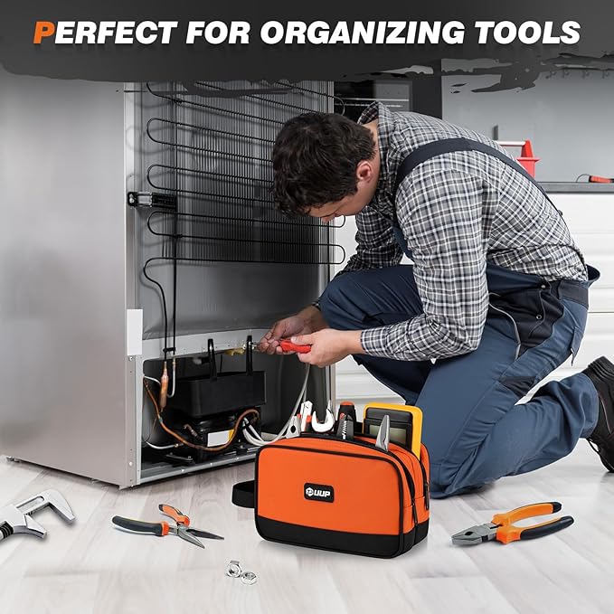 10 Inch Small Tool Bag, Zipper Tool Pouch Two Compartments Heavy Duty, Utility ToolBag with Carrying Handle, Tools Storage Organizer for Electrician Mechanic, Gift for Men Dad,Orange