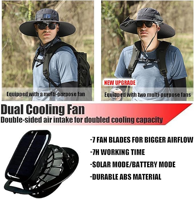 Sombrero Con Ventilador Solar, Solar Fan Hat,Wide Brim Sun Hat with 2 Detachable, for Outdoor Fishing,Hiking Gardening
