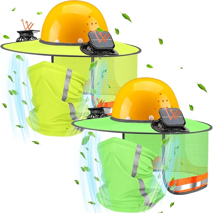 2 Sets Sun Hard Hat Shade Neck Protection with Solar Fans, Full Brim High Visibility Sun Visor Mesh Bandana Scarf for Hard Hat Accessories, Reflective(Fluorescent Yellow, Fluorescent Green)