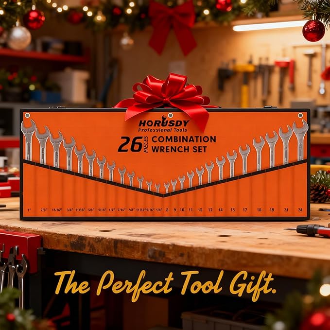 HORUSDY 26-Piece Durable Combination Wrench Set with Roll-up Pouch, Open End Wrench Set for General Household, Garage, Auto Repairs, SAE 1/4” - 1” and Metric 8mm - 24mm