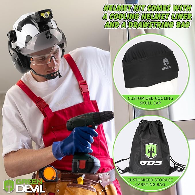 GREEN DEVIL Hard Hat Safety Helmet with Rechargeable Headlamp Light and Visor Ear Muffs Vented Work Hardhat ANSI Z89.1 Cascos De Construccion for Industrial Construction Forestry
