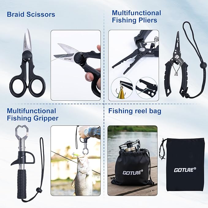 GOTURE Telescopic Fishing Rod and Reel Combos, Carbon Fiber Travel Fishing Pole, 9+1 BB Spinning Reel, Saltwater Freshwater Fishing Gear Kit with Braided Line, Lures, Carrier Bag for Bass Trout