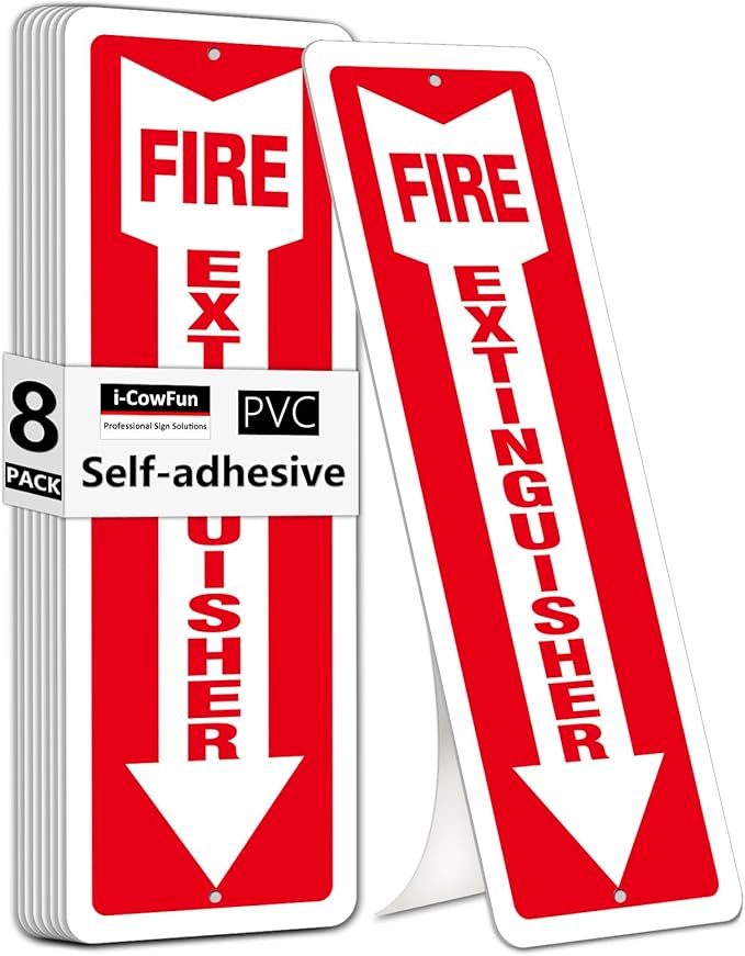 (8 Pack) Self-adhesive Fire Extinguisher Sign, 12" x 4" Durable Plastic Fire Extinguisher Sticker for Business and Home Use, Indoor, Outdoor, 20 Mil Thick PVC Safety Signs, Weather-resistant, No Fade, Easy to Install