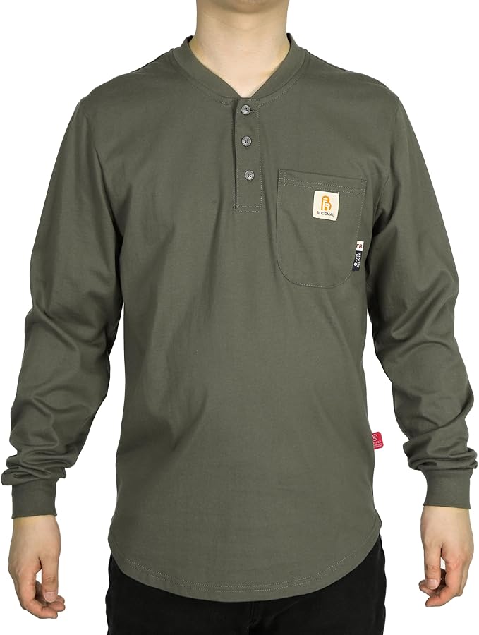 BOCOMAL FR Shirts 6oz Lightweight Flame Resistant Long Sleeve Henley Shirt Fire Retardant Workwear NFPA2112 CAT2