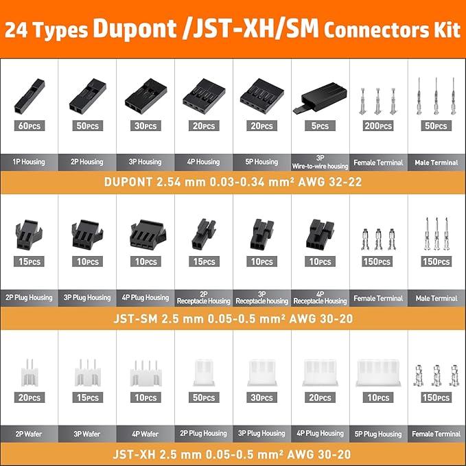 PEBA Crimping Tool and Dupont Connector Kit - 24 Types of Dupont 2.54 mm Connectors & Crimp Pins, 2.5 mm JST-XH & JST-SM Contacts and Housings, for DIY Electronics - Suitable for AWG 32-20 Wires