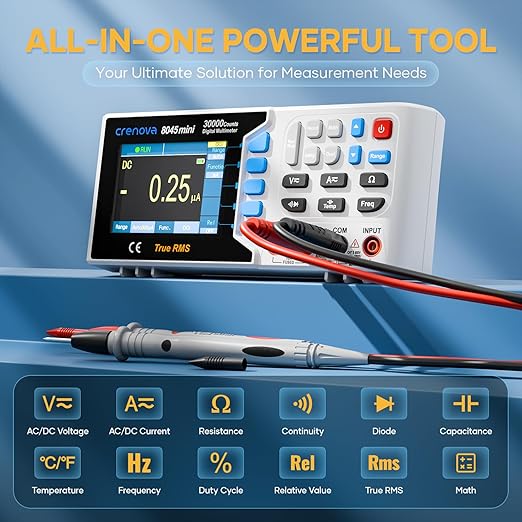 Crenova 30000 Counts True RMS Digital Multimeter, Desktop Bench Multimeter for Lab & Industrial Use. USB Data Logging, CAT II 600V. Measures Voltage, Current, Resistance, Capacitance, Temperature.