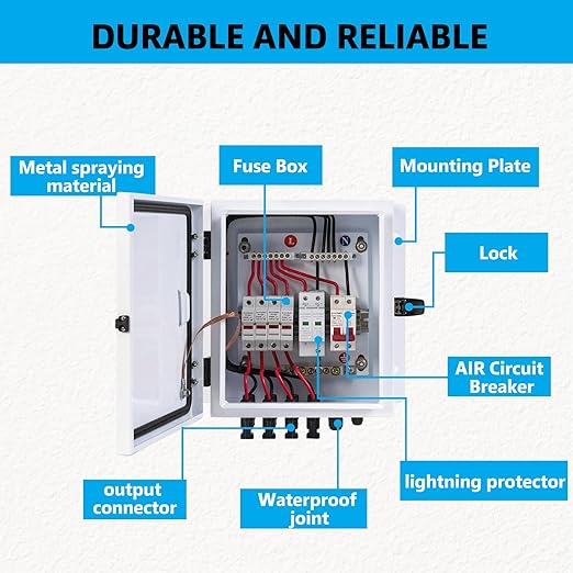 PV Combiner Box 4 String, IP65 Waterproof Solar Combiner with Lightning Arrester, Metal Box, 20A Rated Current Fuse and Circuit Breakers for On/Off Grid Solar Panel System