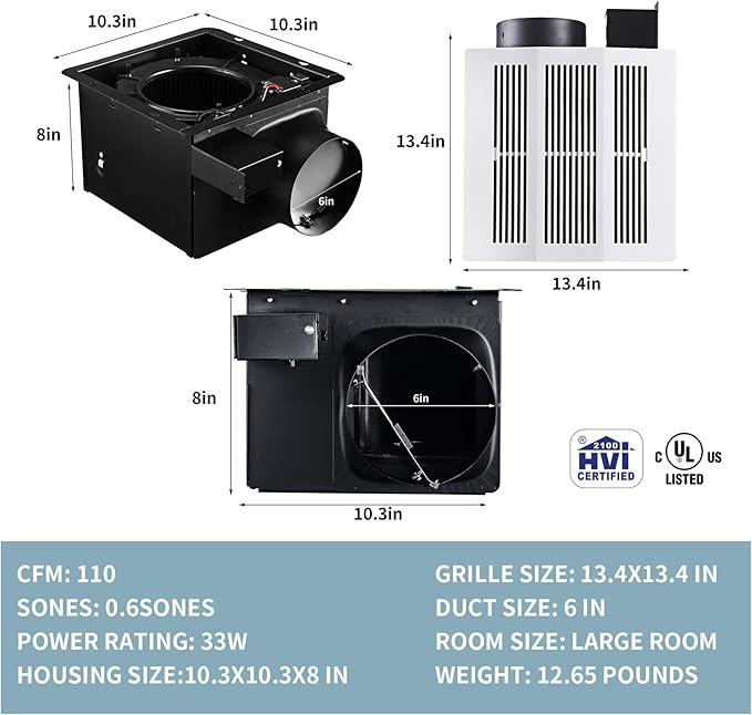 Tech Drive Bathroom Ventilation and Exhaust Fan with Humidity sensor,110CFM 0.8 Sones with 6inch Duct