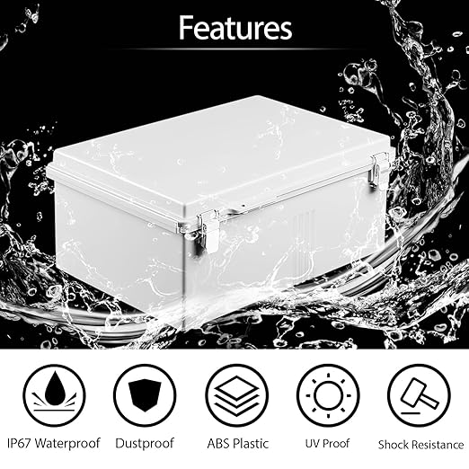 LeMotech Electrical Box, IP67 Waterproof Hinged Cover Stainless Steel Latch Junction Box, ABS Plastic Electrical Enclosure with Mounting Plate,Wall Brackets, Cable Glands,19.6"x15.7"x7.8",Grey