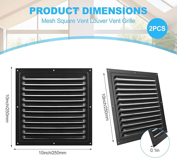 2pcs Attic Vents Gable Vents for Shed Shed Vent Kit with Screen Mesh Square Vent Louvered Vent Grille for Storage Shed Garage Ceiling Exterior Door House Attic (Black,10 x 10 Inch)