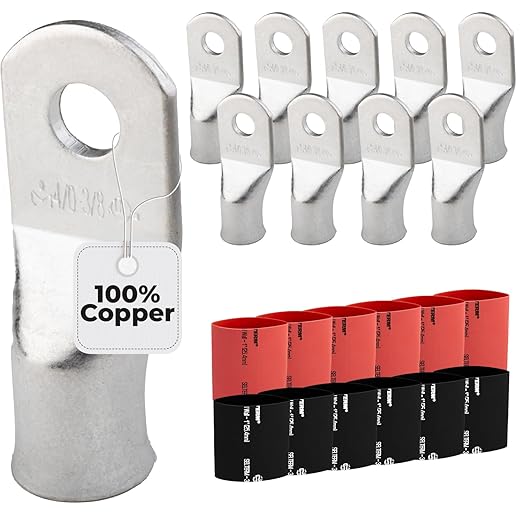 SELTERM 10pcs - 4/0 Awg - 3/8" Stud - Battery Lugs - Ring Terminal Connectors with 12pcs 3:1 Black & Red Heat Shrink Tubing with Adhesive | Heavy Duty Battery Cable Ends - Tinned Copper Wire Lugs Kit